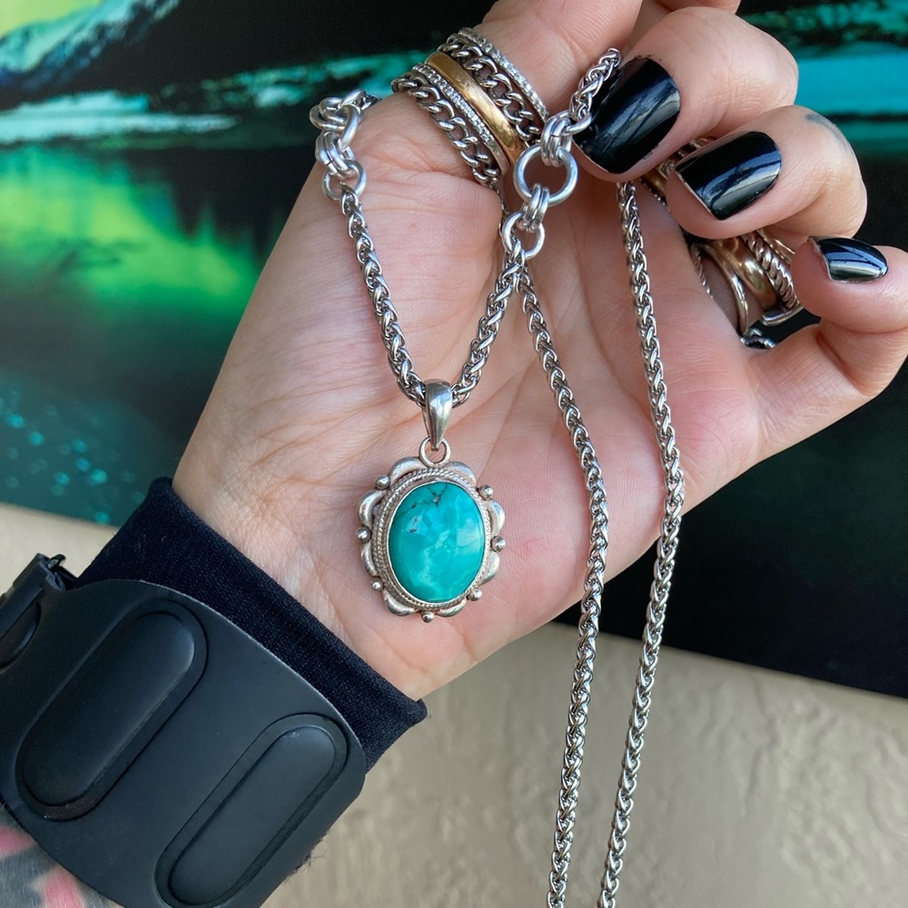 925 sterling silver turquoise charm on stainless steel chain necklace boho stone - Picture 12 of 15